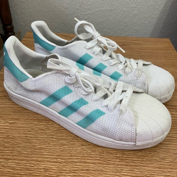 Adidas Superstar Mint Teal Clamshell White Mesh Knit Sneakers BA7137 Womens 8.5 - Picture 1 of 9